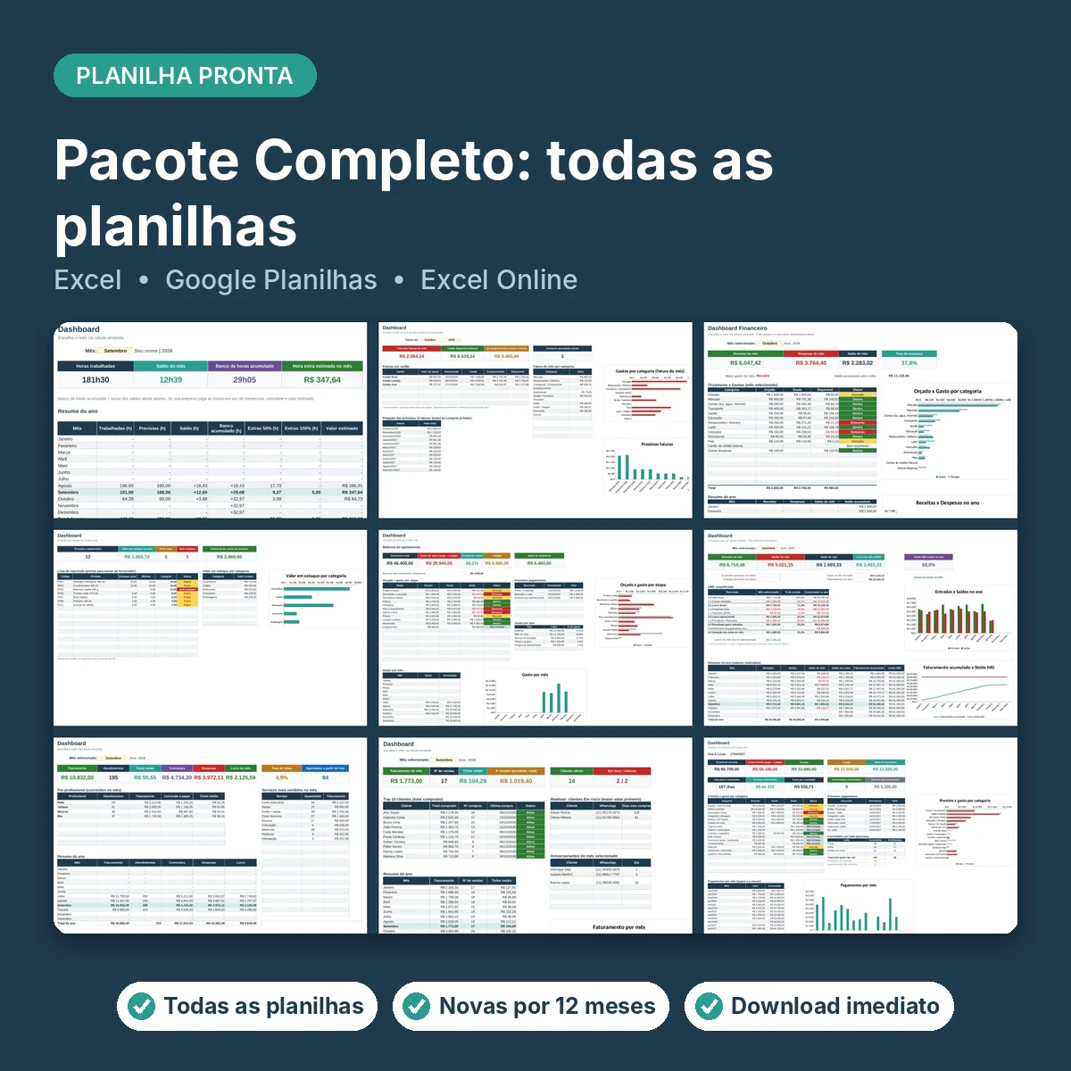 Capa da Pacote Completo, mostrando o dashboard da planilha