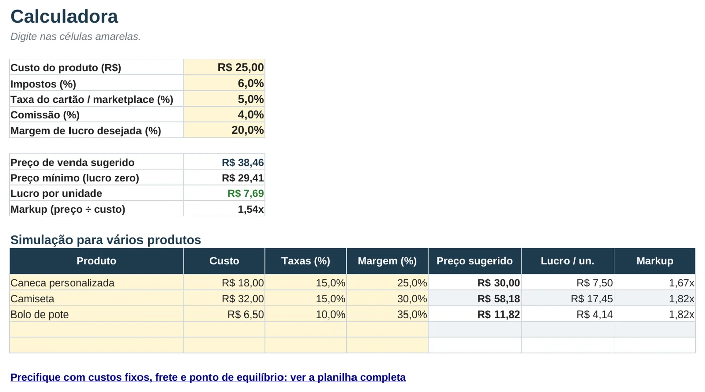 Prévia da planilha grátis Calculadora de Preço de Venda