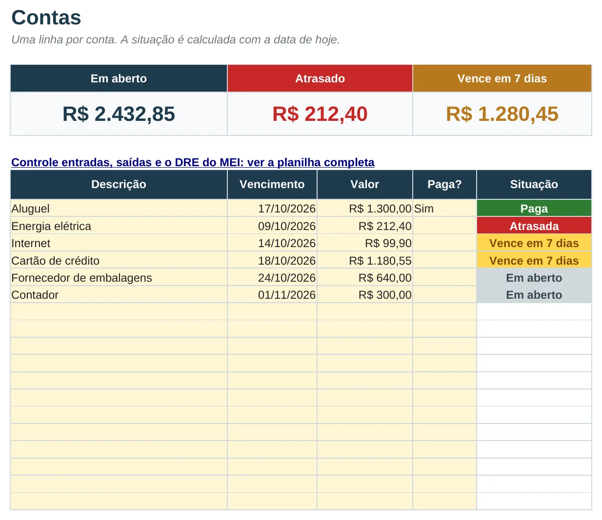 Prévia da planilha grátis Controle de Contas a Pagar